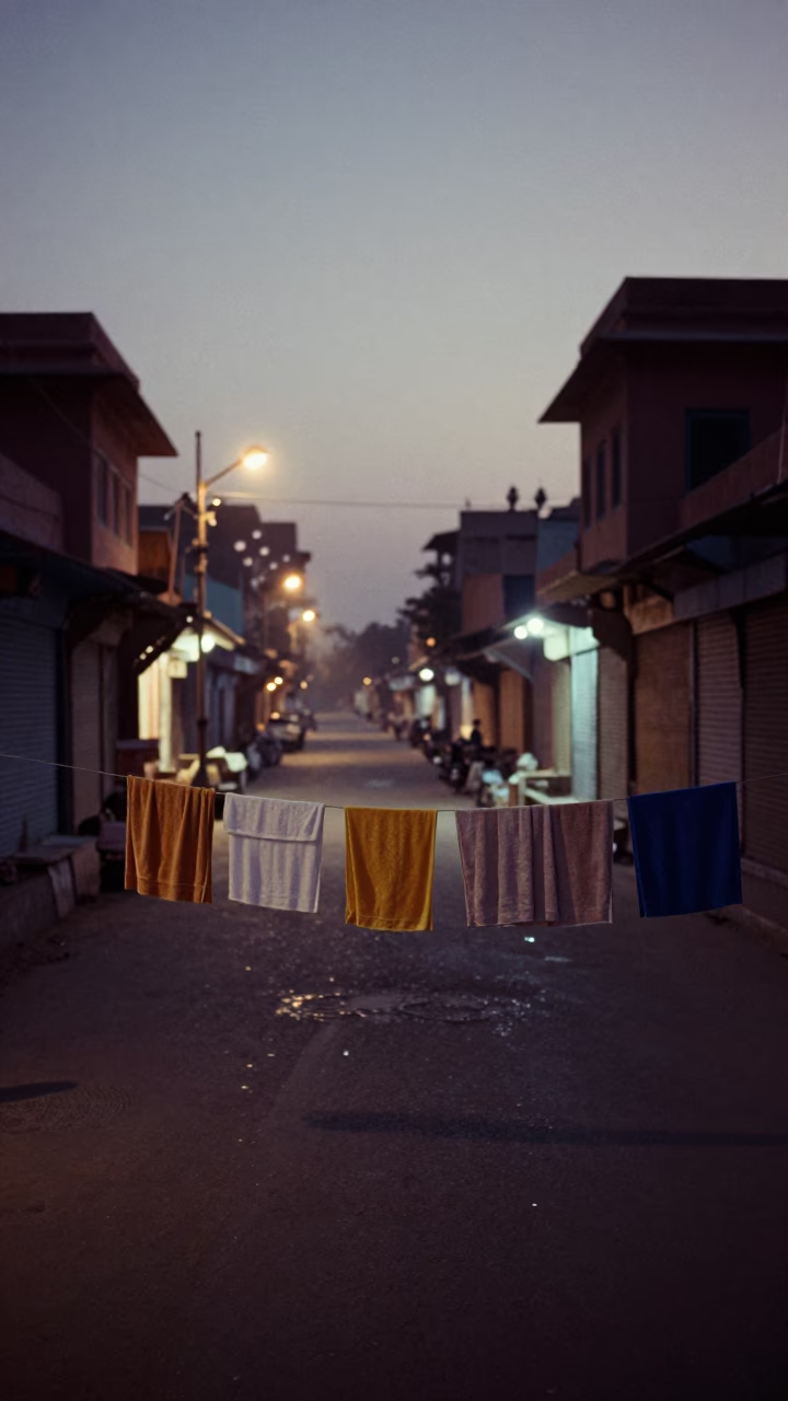 Predawn Street Scene in Jaipur India with Drying Towels and Morning Light in in Jaipur, India