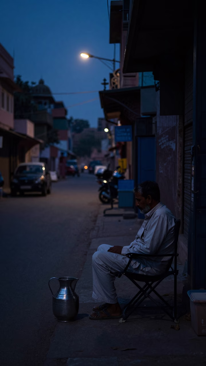 Predawn Street Scene in Jaipur India with Folding Chair and Pitcher in in Jaipur, India
