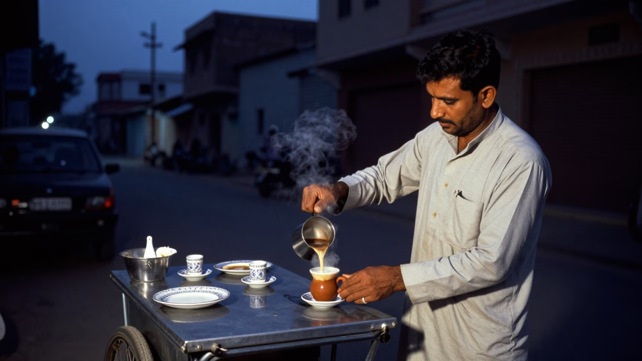 Predawn Street Scene in Jaipur India with Local Vendor and Traditional Coffee in in Jaipur, India
