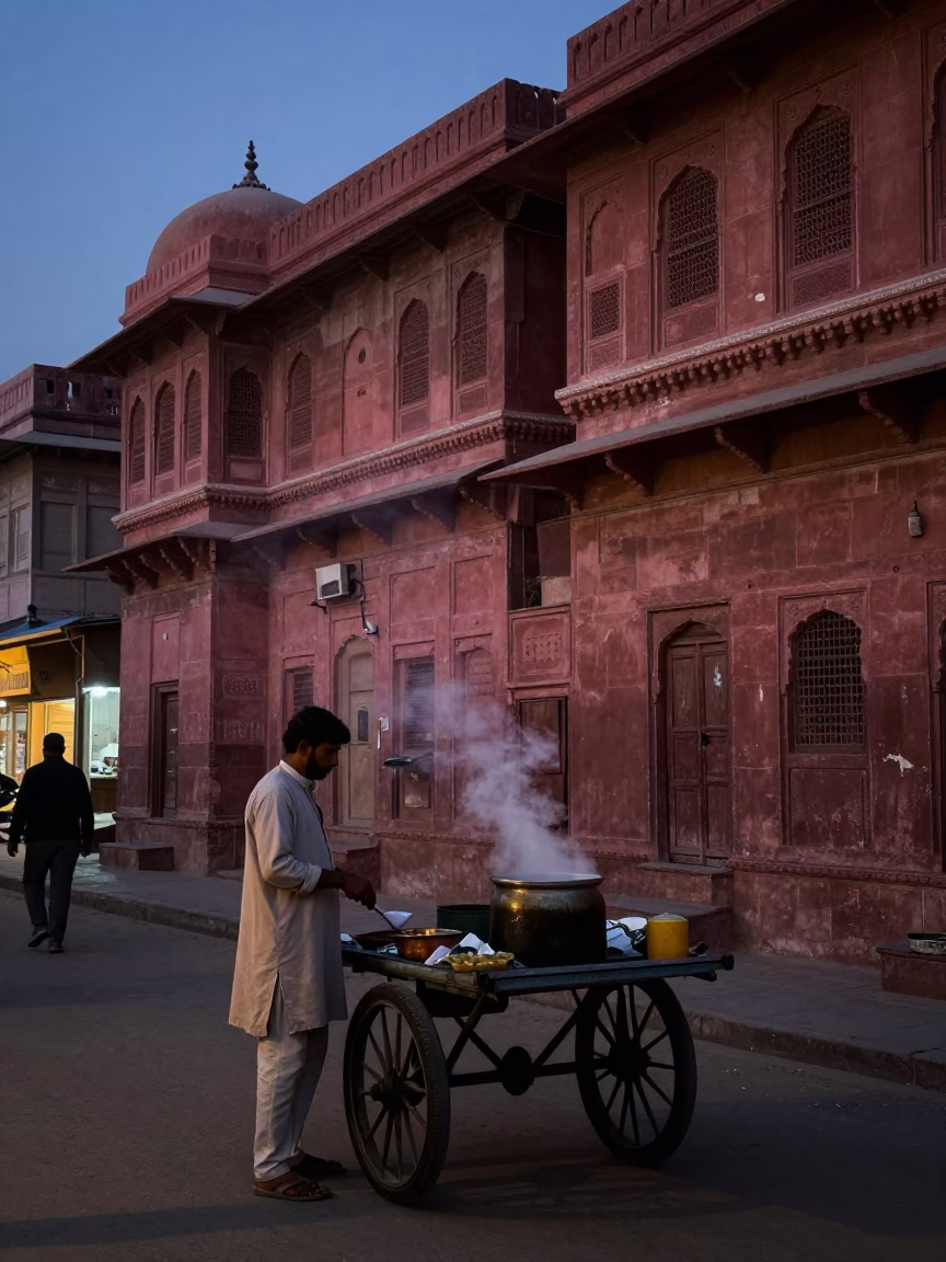 Predawn Street Scene in Jaipur India with Local Vendor and Warm Light in in Jaipur, India