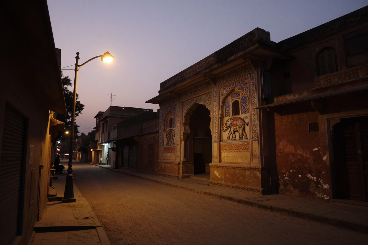 Predawn street scene in Jaipur India with traditional architecture and early morning activity in in Jaipur, India