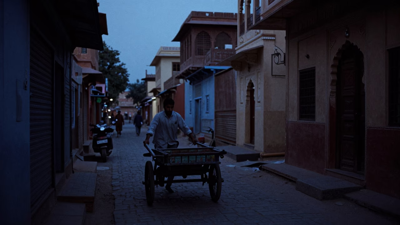 Predawn Street Scene in Jaipur India with Vintage Tricycle and Local Vendor in in Jaipur, India