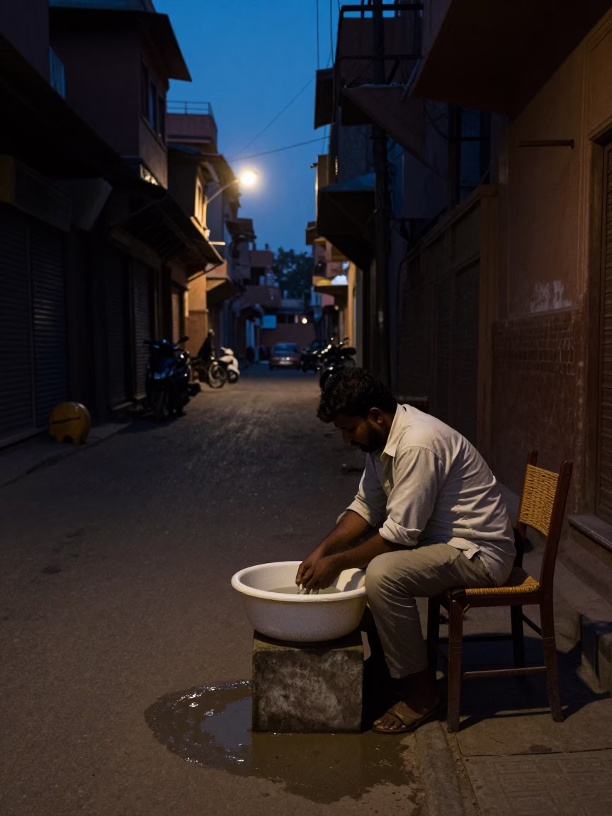 Predawn Street Scene in Jaipur India with Wash Basin and Chair in in Jaipur, India