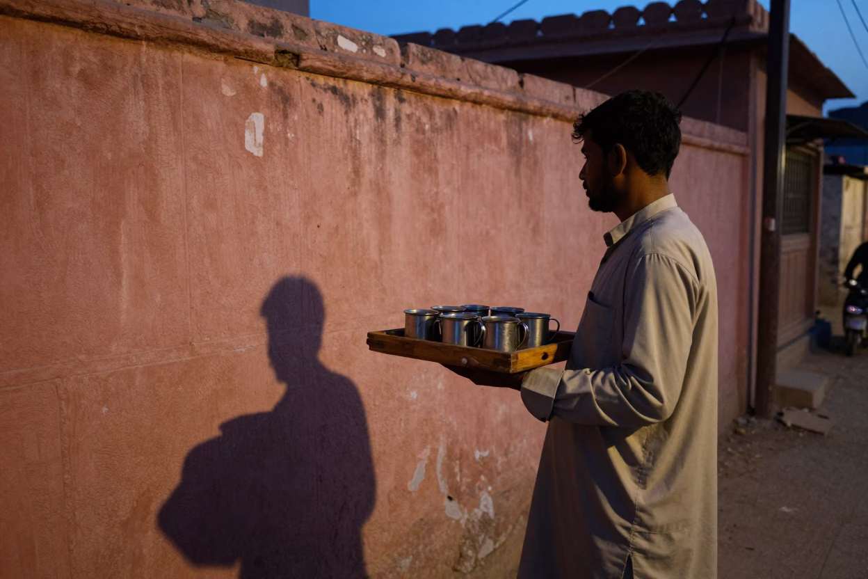 Predawn Street Scene in Jaipur India with Wooden Tray and Coffee Mugs in in Jaipur, India