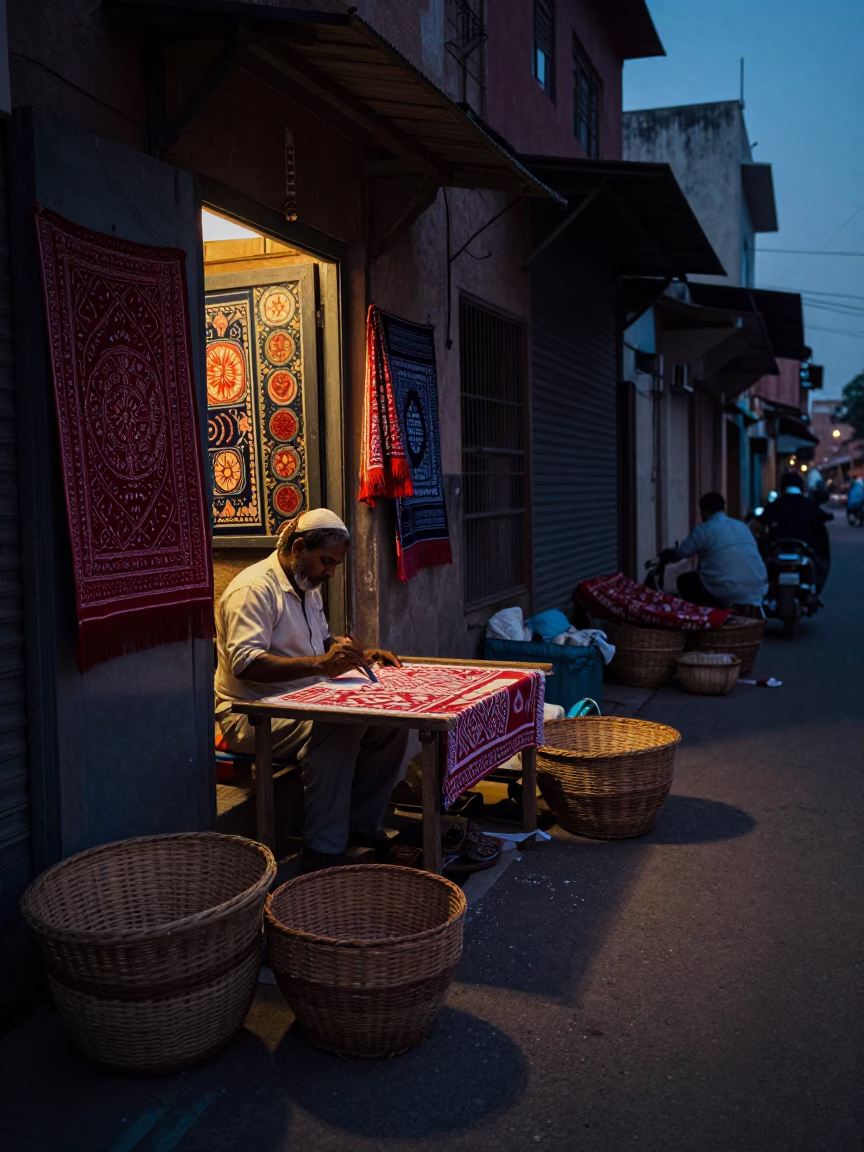 Predawn Street Scene in Jaipur India with Woven Baskets and Batik Artist in in Jaipur, India