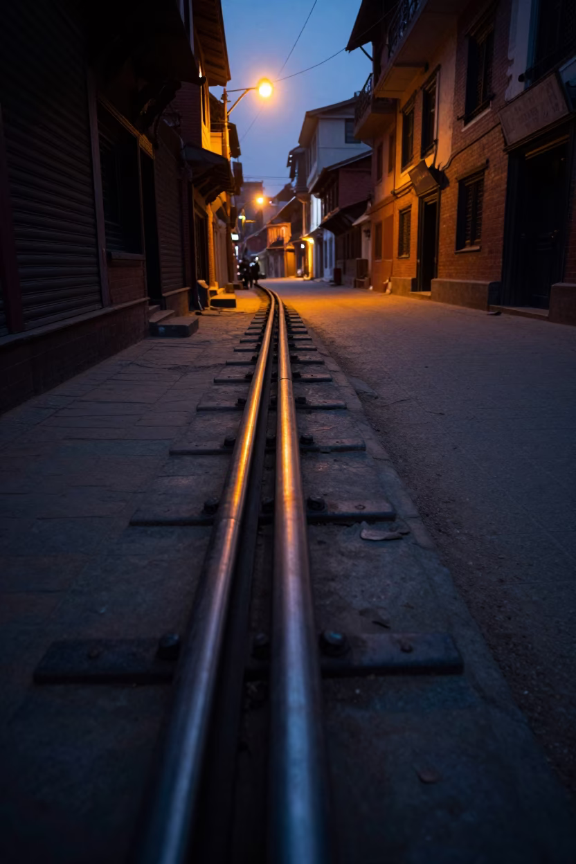 Predawn Street Scene in Kathmandu Nepal with Brushed Steel Rail and Twine Fibers in in Kathmandu, Nepal