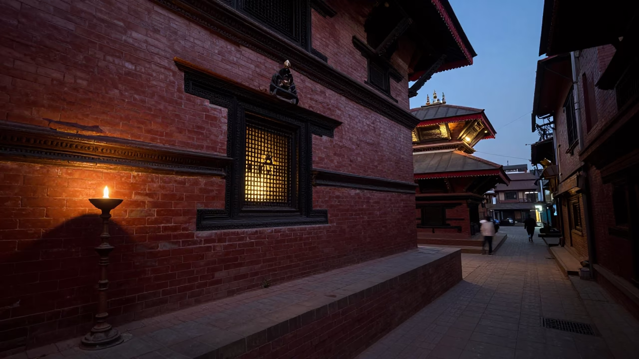 Predawn Street Scene in Kathmandu Nepal with Candle Holder and Traditional Architecture in in Kathmandu, Nepal