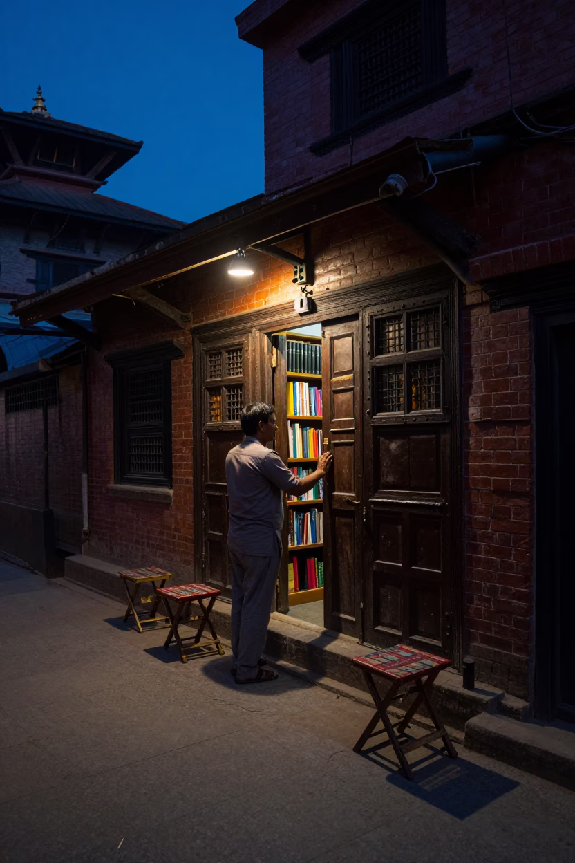 Predawn Street Scene in Kathmandu Nepal with Folding Stools and Urban Infrastructure in in Kathmandu, Nepal