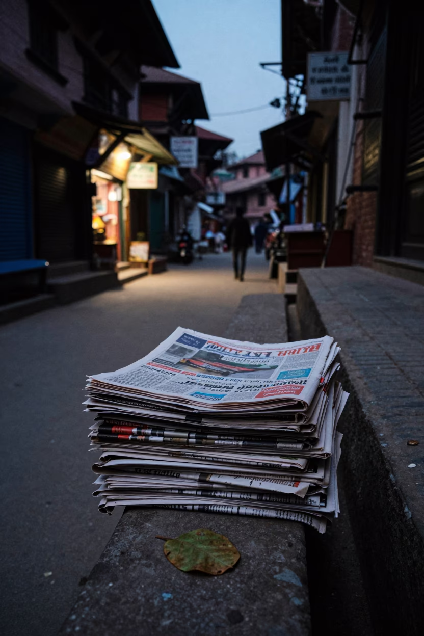 Predawn Street Scene in Kathmandu Nepal with Newspaper Stack and Leaf Shadows in in Kathmandu, Nepal
