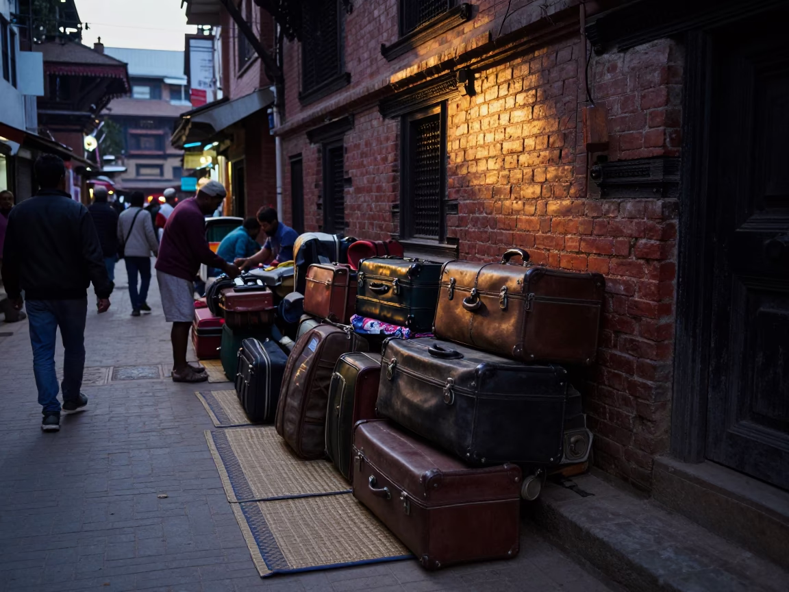 Predawn Street Scene in Kathmandu Nepal with Suitcases and Woven Mats in in Kathmandu, Nepal