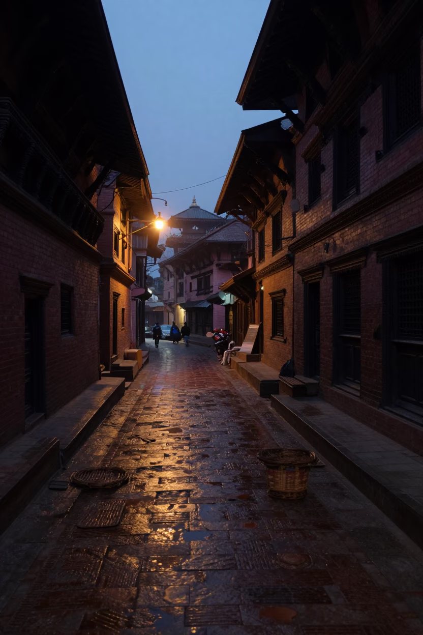 Predawn Street Scene in Kathmandu Nepal with Tea Stains and Wicker Shadows in in Kathmandu, Nepal