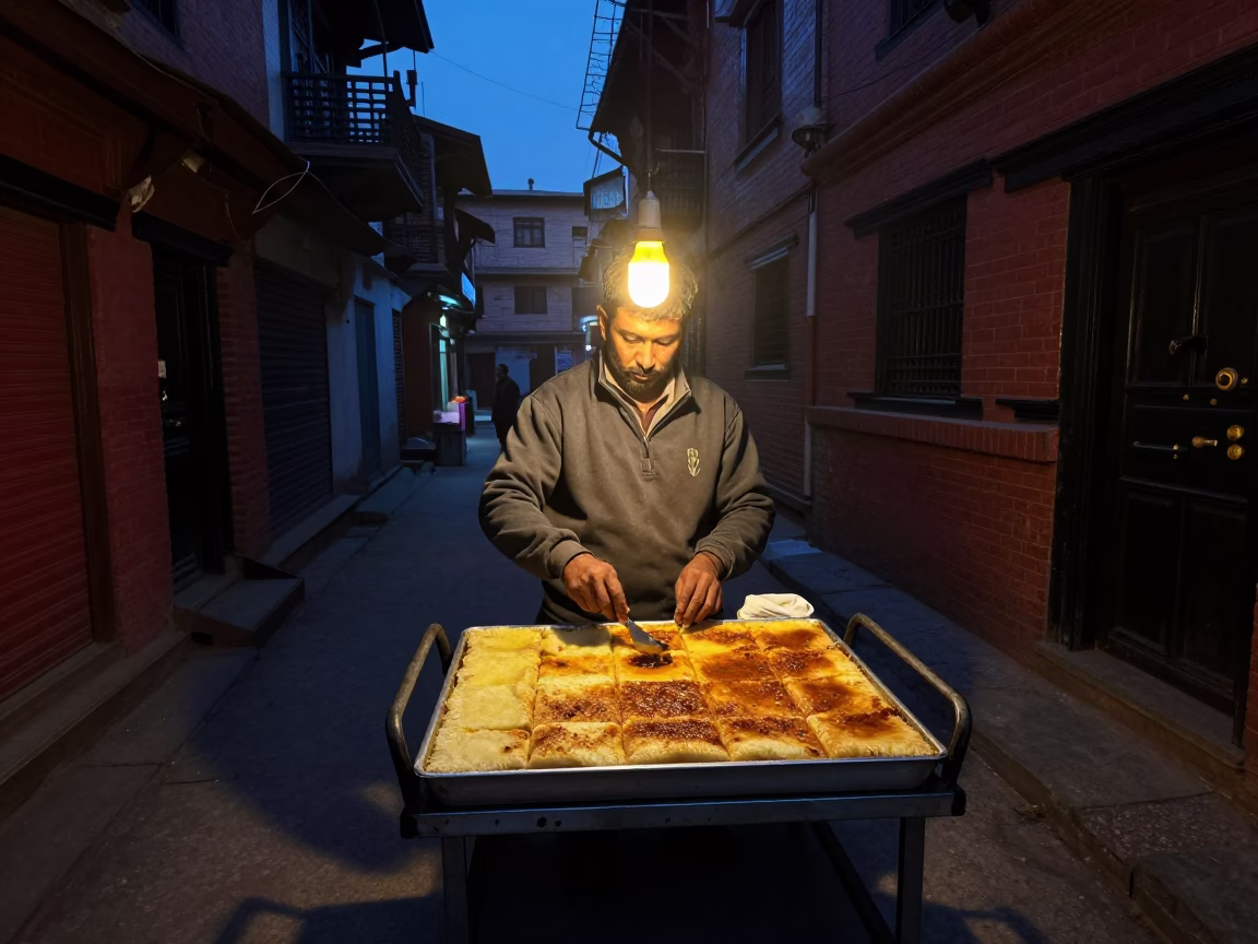 Predawn street scene in Kathmandu Nepal with vendor preparing kunafa tray in in Kathmandu, Nepal