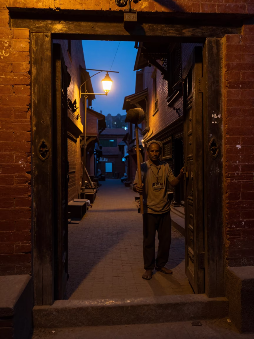 Predawn Street Scene in Kathmandu Nepal with Wooden Mallet and Doorframe Detail in in Kathmandu, Nepal