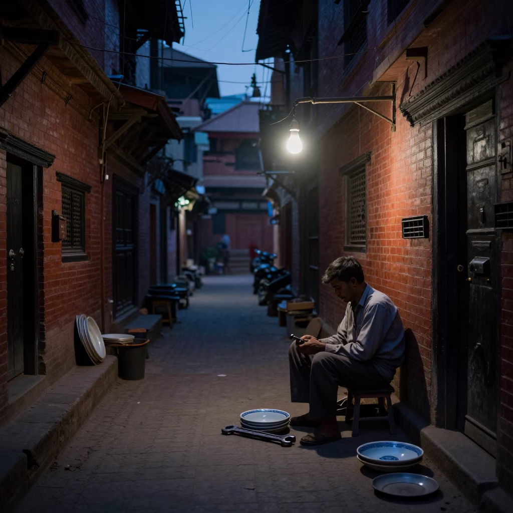 Predawn street scene in Kathmandu Nepal with wrench and porcelain rim in in Kathmandu, Nepal