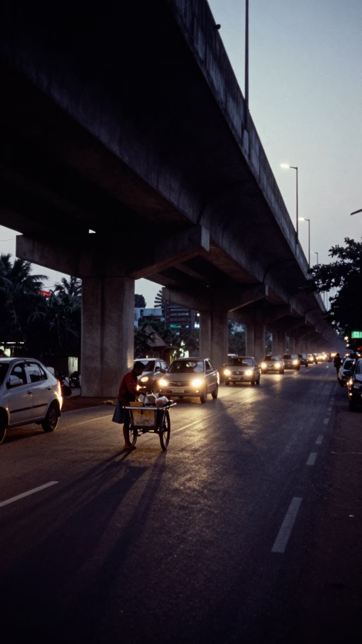 Predawn Street Scene in Kochi India with Flyover Shadows and Local Market Activity in in Kochi, India