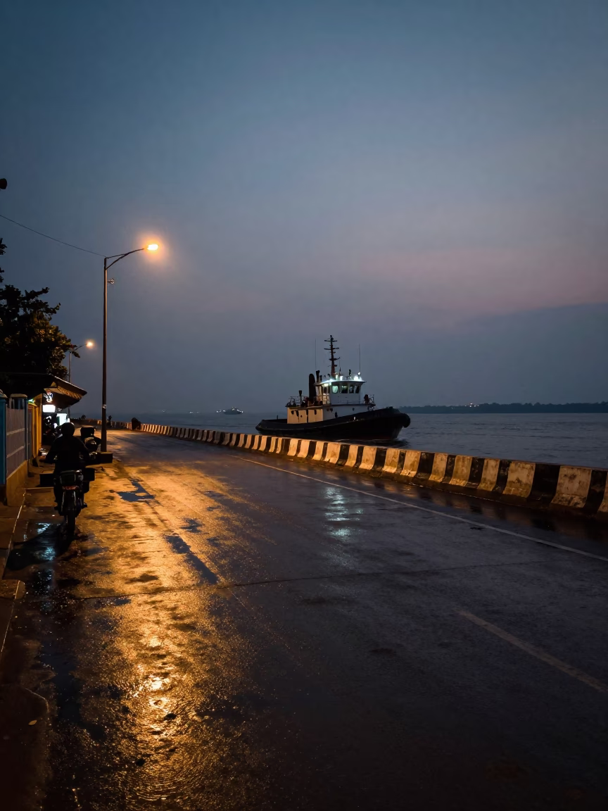 Predawn Street Scene in Kochi India with Tugboat in Harbor and Palm Trees in in Kochi, India