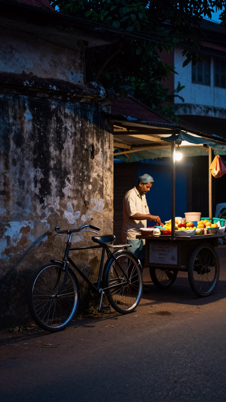 Predawn Street Scene in Kochi India with Vintage Bicycle and Local Commerce in in Kochi, India