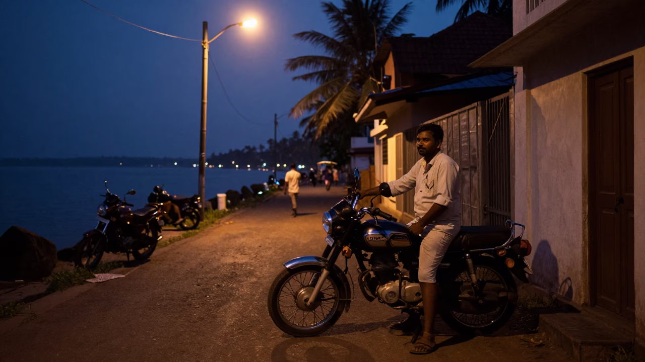 Predawn Street Scene in Kochi India with Vintage Motorcycle and Local Vendor in in Kochi, India