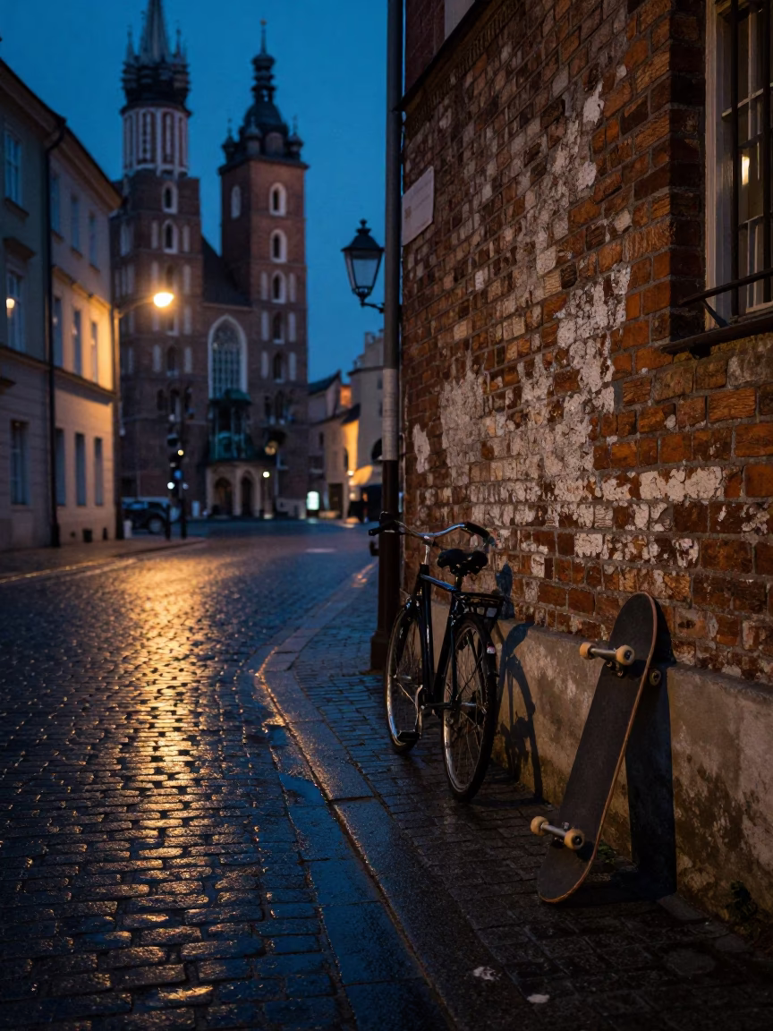 Predawn street scene in Krakow Poland with skateboard and bicycle near historic architecture in in Krakow, Poland