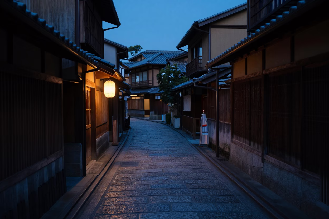 Predawn Street Scene in Kyoto Japan with Narrow Alley and Vintage Lantern in in Kyoto, Japan