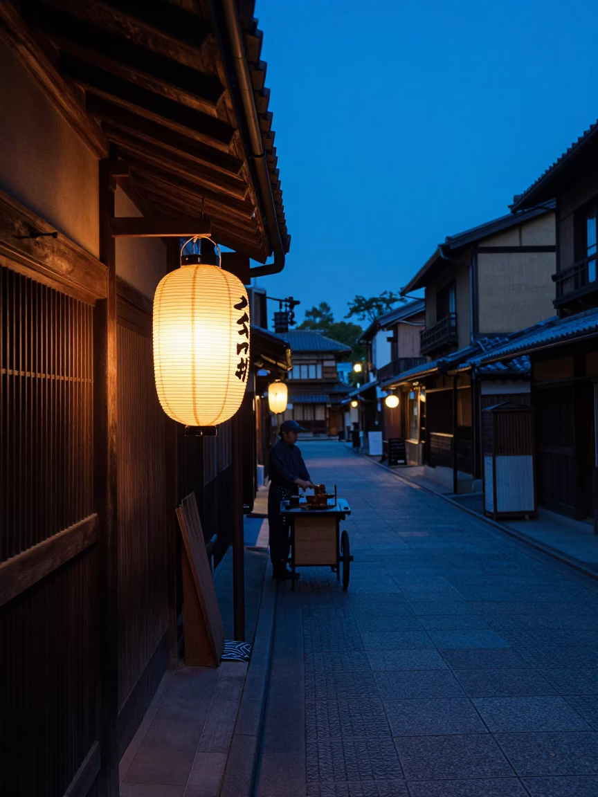 Predawn Street Scene in Kyoto Japan with Traditional Lantern and Early Morning Activity in in Kyoto, Japan