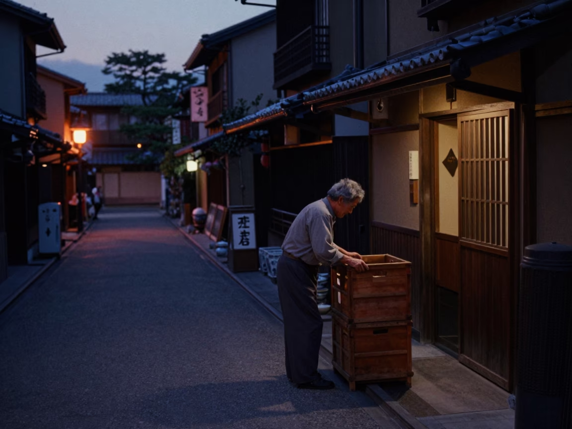 Predawn Street Scene in Kyoto Japan with Vintage Crate and Porcelain Jar in in Kyoto, Japan
