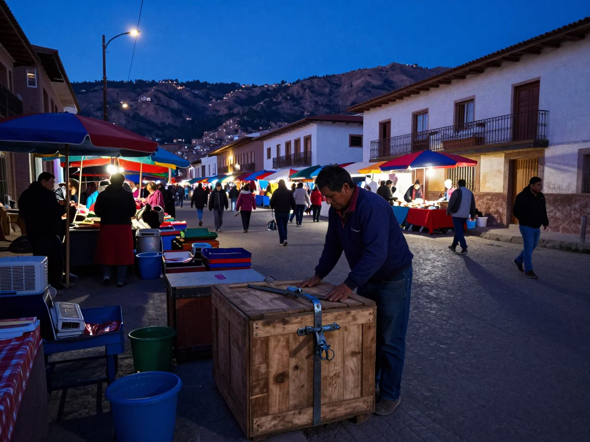 Predawn Street Scene in La Paz Bolivia with Colorful Market Stalls and Latch Detail in in La Paz, Bolivia