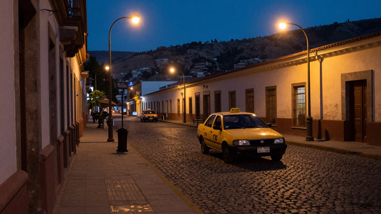 Predawn Street Scene in La Paz Bolivia with Taxi Rank and Cobblestone Alley in in La Paz, Bolivia