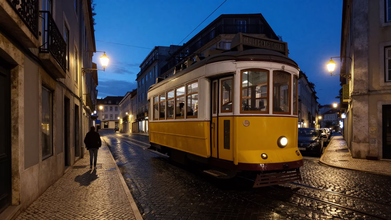 Predawn Street Scene in Lisbon Portugal with Cable Car and Urban Details in in Lisbon, Portugal