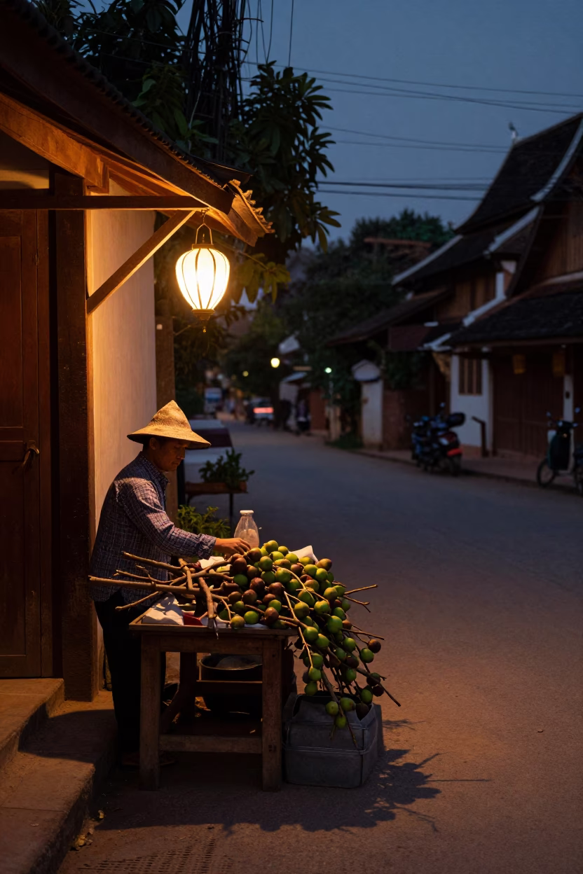 Predawn Street Scene in Luang Prabang Laos with Lantern Light and Local Commerce in in Luang Prabang, Laos
