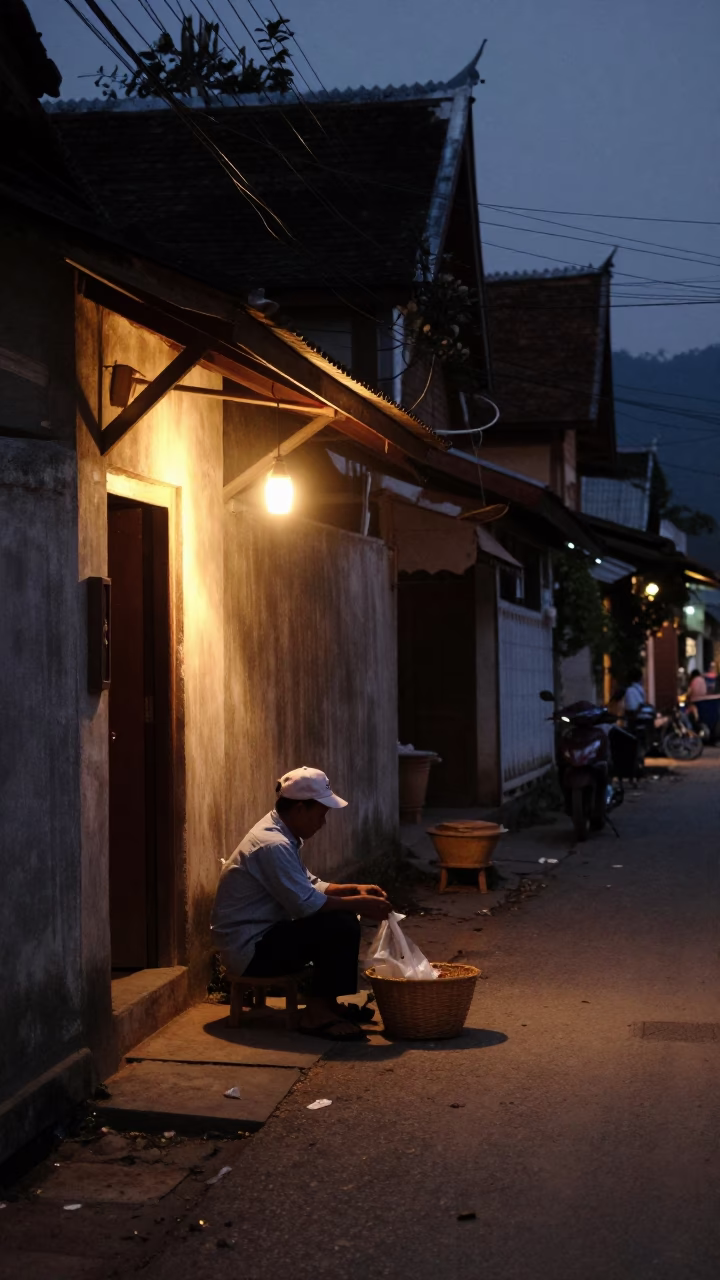 Predawn Street Scene in Luang Prabang Laos with Local Morning Routine in in Luang Prabang, Laos