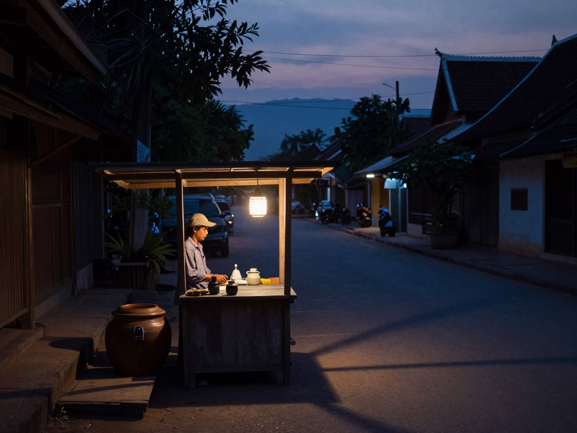 Predawn Street Scene in Luang Prabang Laos with Local Vendor and Jar in in Luang Prabang, Laos