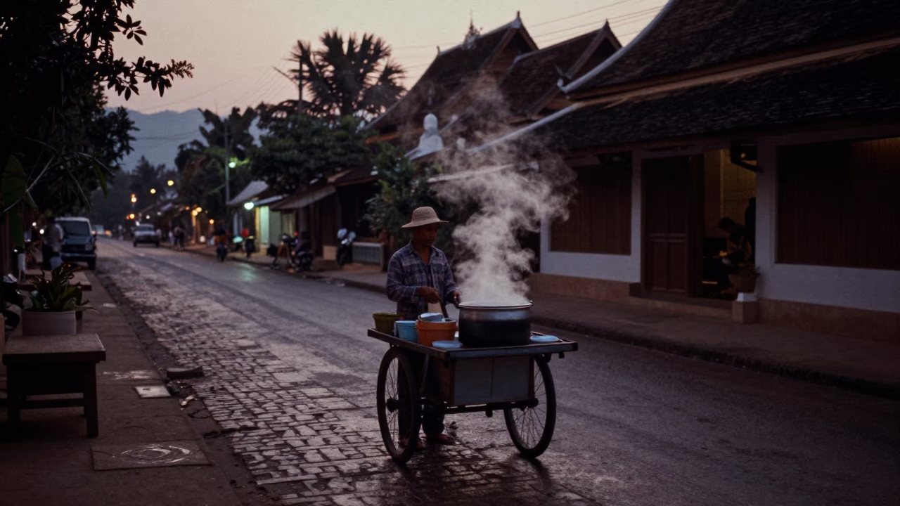 Predawn Street Scene in Luang Prabang Laos with Local Vendor and Steam in in Luang Prabang, Laos