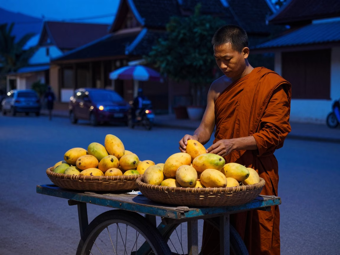 Predawn street scene in Luang Prabang Laos with monk alms and mangoes in in Luang Prabang, Laos