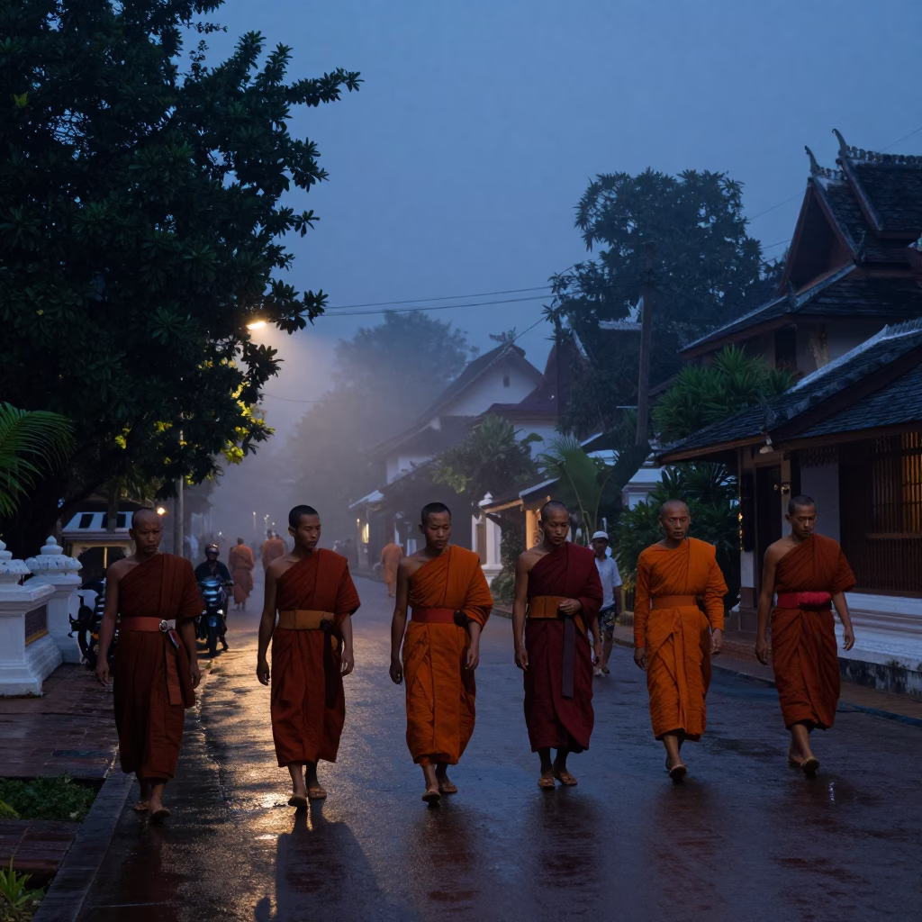 Predawn Street Scene in Luang Prabang Laos with Monks and Morning Mist in in Luang Prabang, Laos