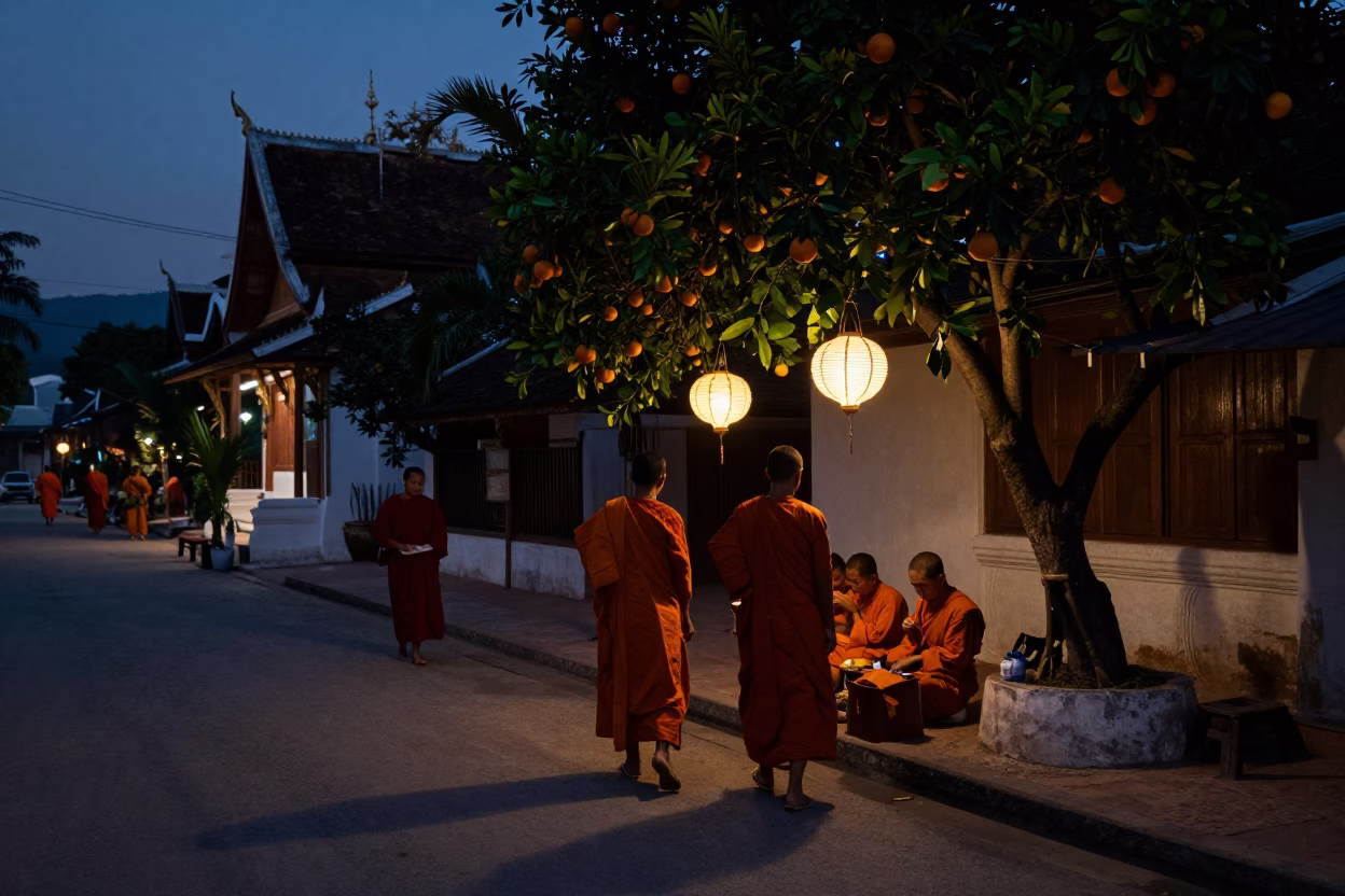 Predawn Street Scene in Luang Prabang Laos with Monks and Oranges in in Luang Prabang, Laos