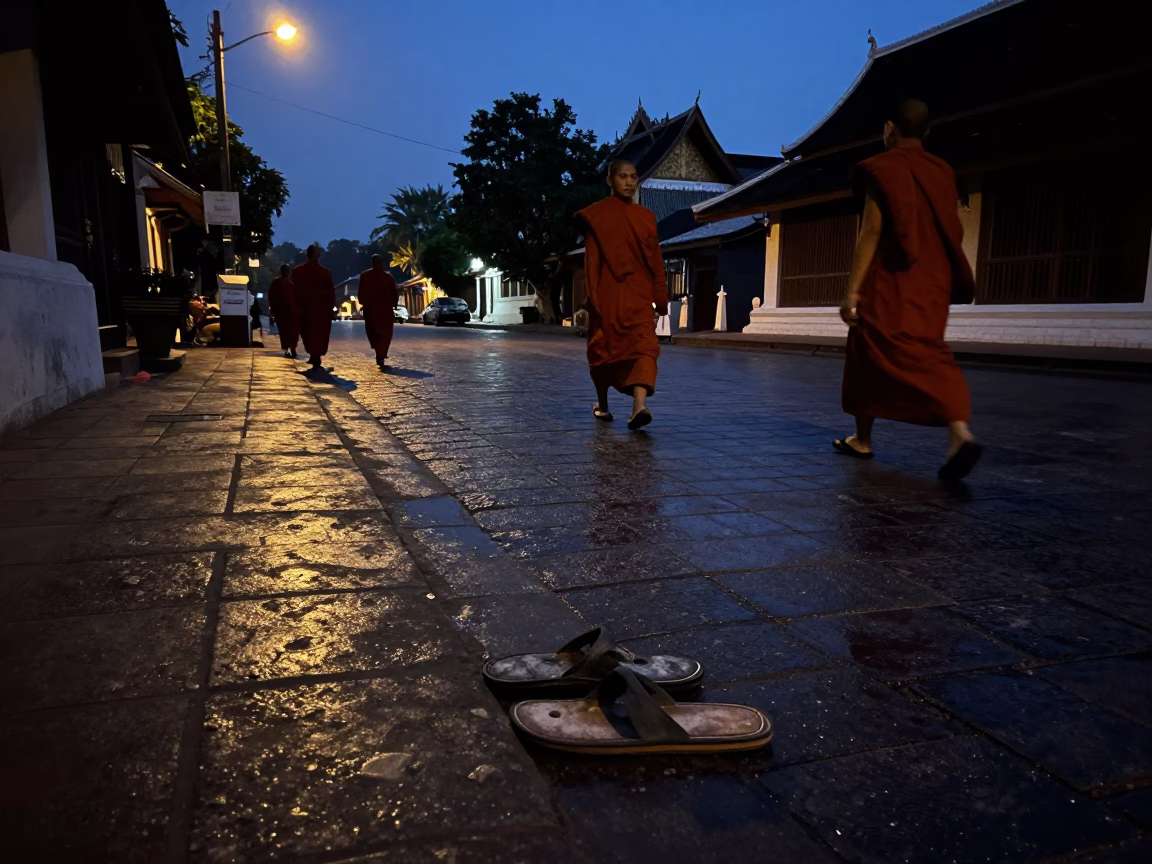 Predawn street scene in Luang Prabang Laos with monks and slippers in in Luang Prabang, Laos
