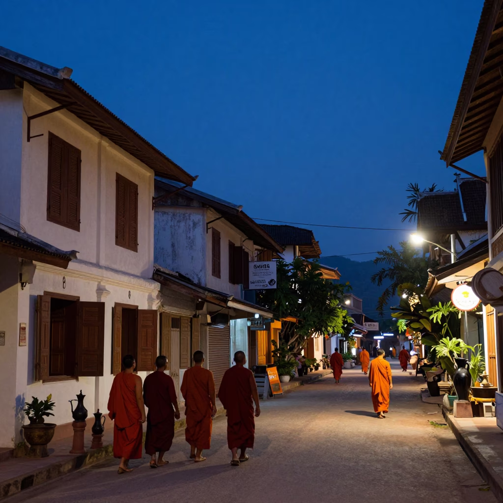 Predawn Street Scene in Luang Prabang Laos with Monks and Traditional Pitchers in in Luang Prabang, Laos