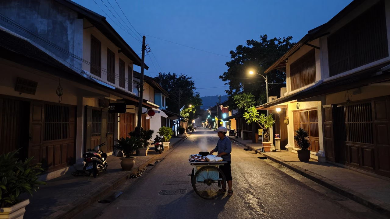 Predawn Street Scene in Luang Prabang Laos with Steaming Genmaicha Tea in in Luang Prabang, Laos
