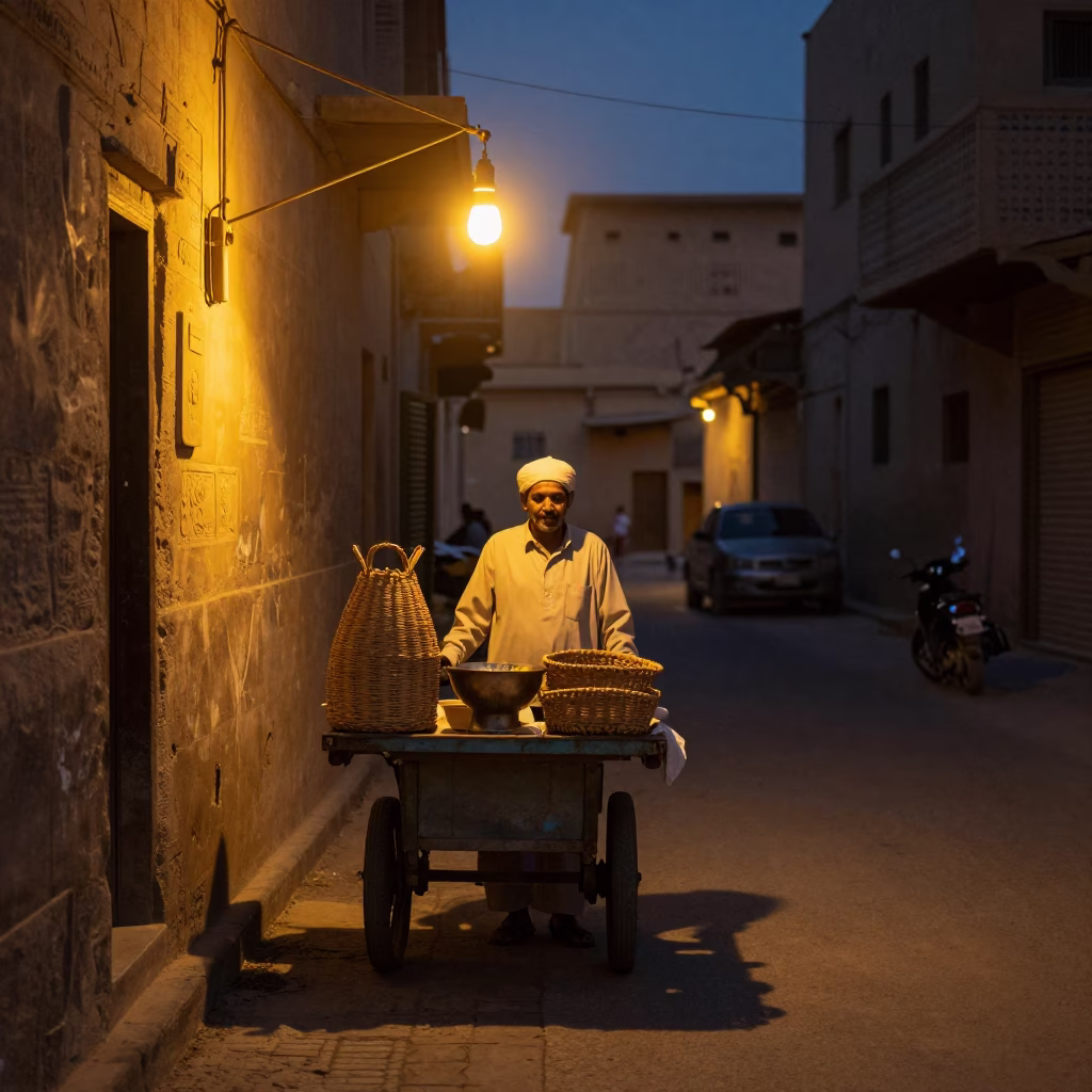 Predawn street scene in Luxor Egypt with local vendor and wicker hamper in in Luxor, Egypt
