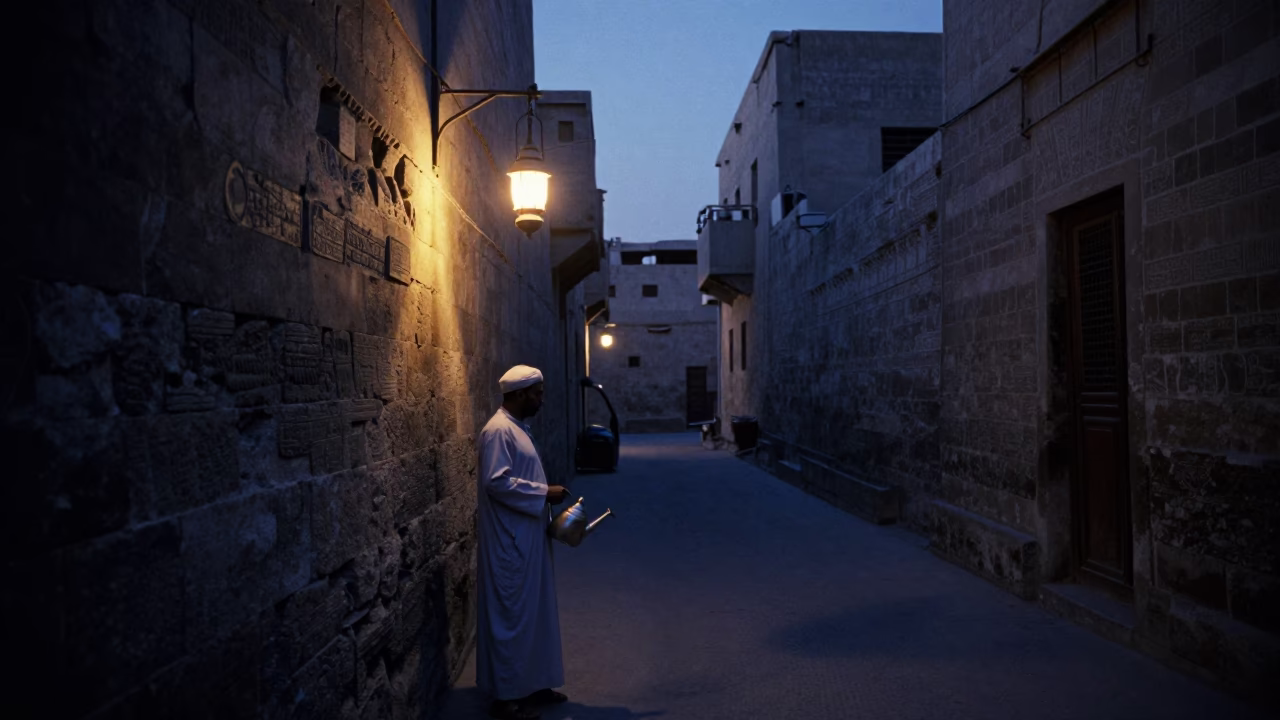 Predawn Street Scene in Luxor Egypt with Watering Jug and Lantern Light in in Luxor, Egypt