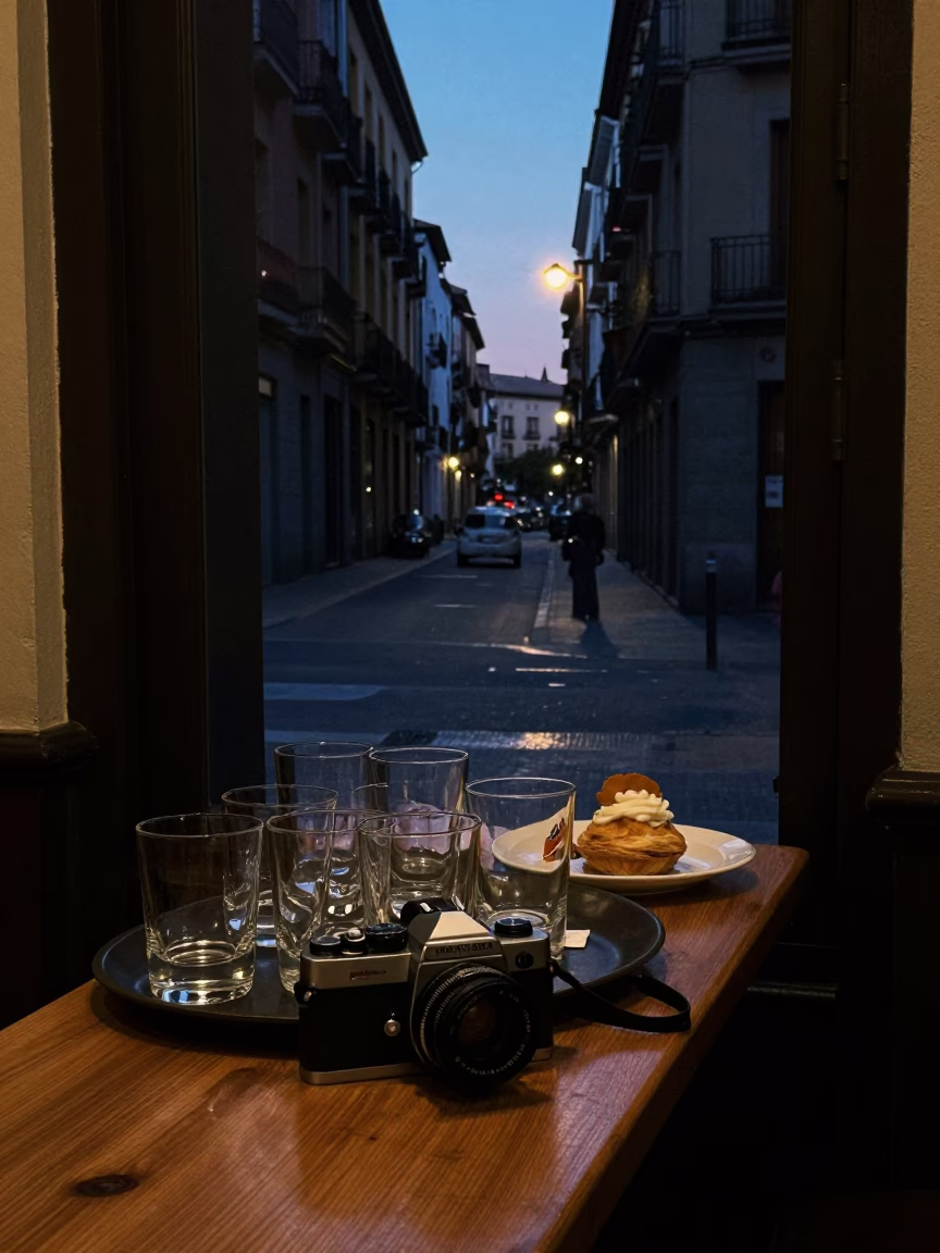 Predawn Street Scene in Madrid Spain with Glass Tumblers and Pastry Brush on Counter in in Madrid, Spain