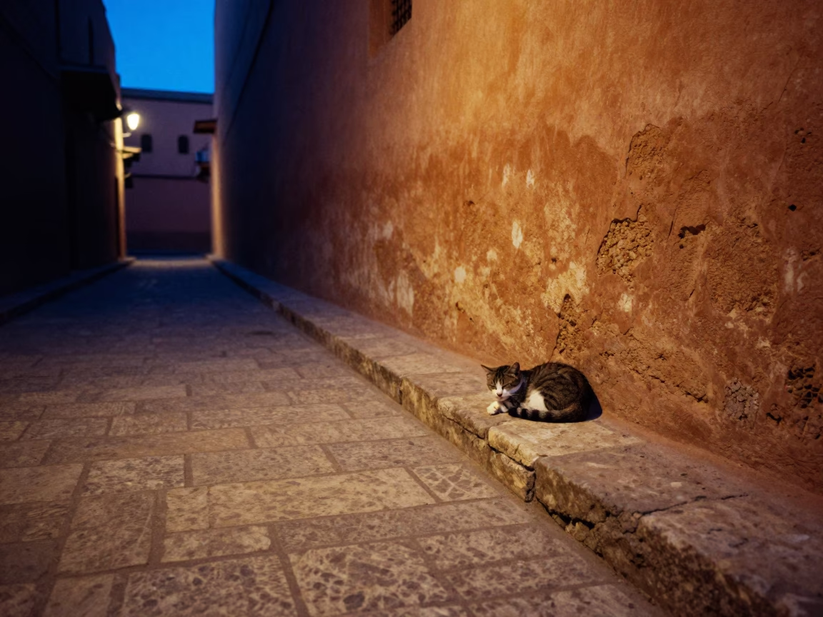 Predawn Street Scene in Marrakech Morocco with Sleeping Tabby Cat on Stone Ledge in in Marrakech, Morocco