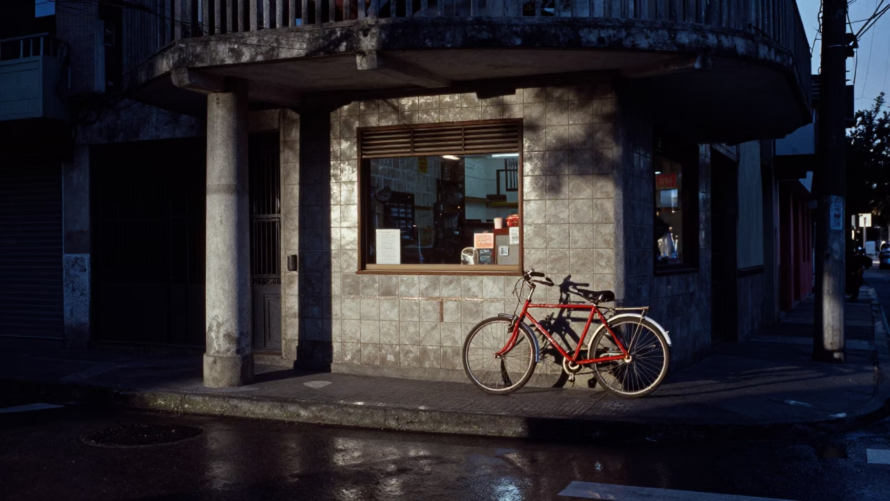 Predawn street scene in Medellin Colombia with bicycle and urban infrastructure in in Medellin, Colombia