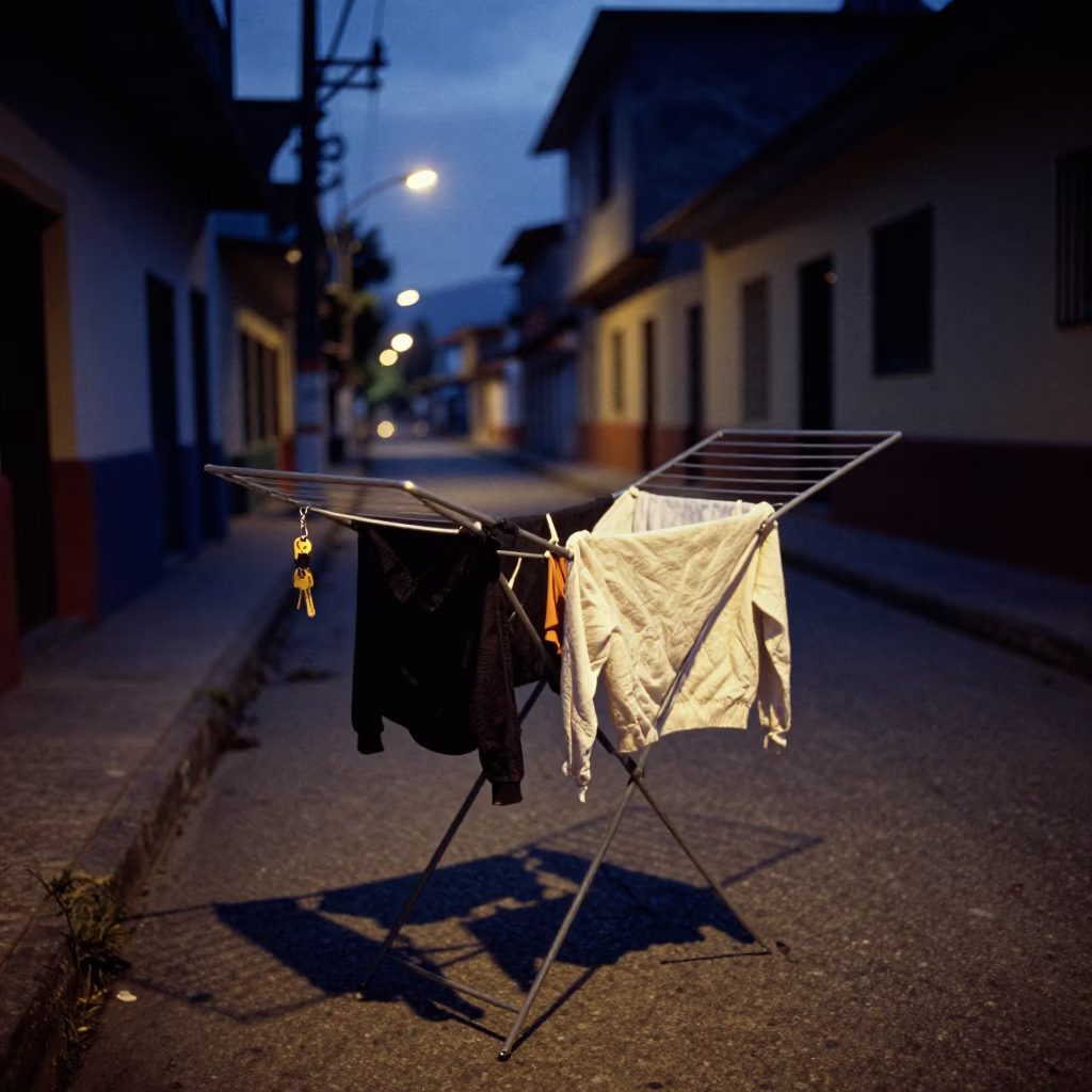 Predawn street scene in Medellin Colombia with drying rack and key blank in darkness in in Medellin, Colombia