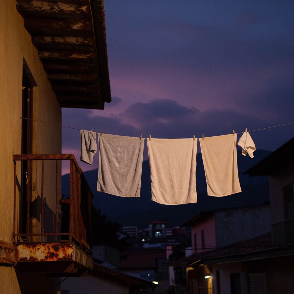 Predawn Street Scene in Medellin Colombia with Drying Towels and Rusty Saucer in in Medellin, Colombia
