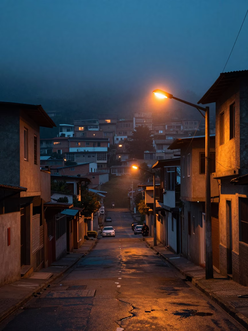 Predawn Street Scene in Medellin Colombia with Sodium Lamps and Concrete Architecture in in Medellin, Colombia