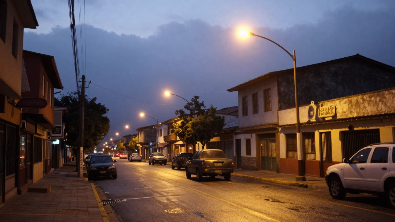 Predawn street scene in Medellin Colombia with streetlights and early morning activity in in Medellin, Colombia