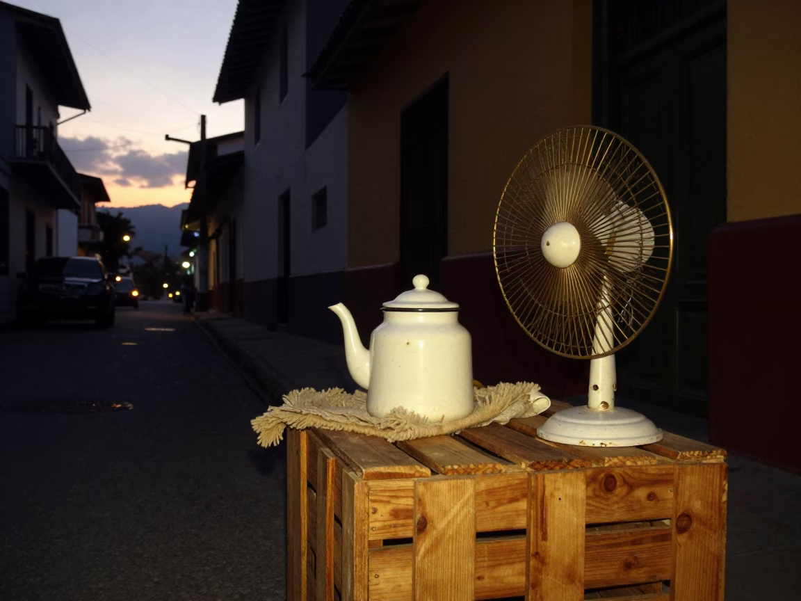 Predawn Street Scene in Medellin Colombia with Teapot and Table Fan in in Medellin, Colombia
