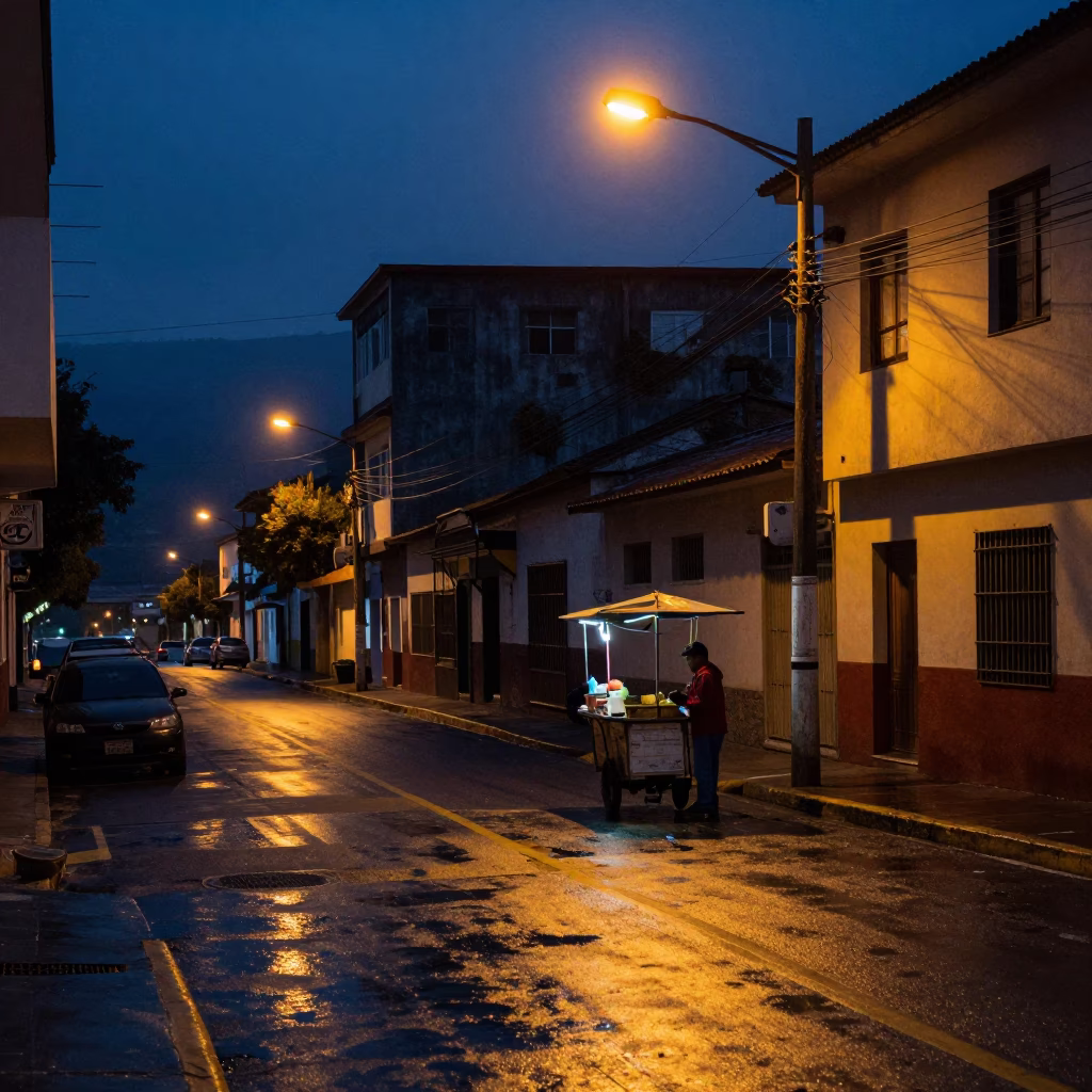 Predawn street scene in Medellin Colombia with vendor and urban details in in Medellin, Colombia